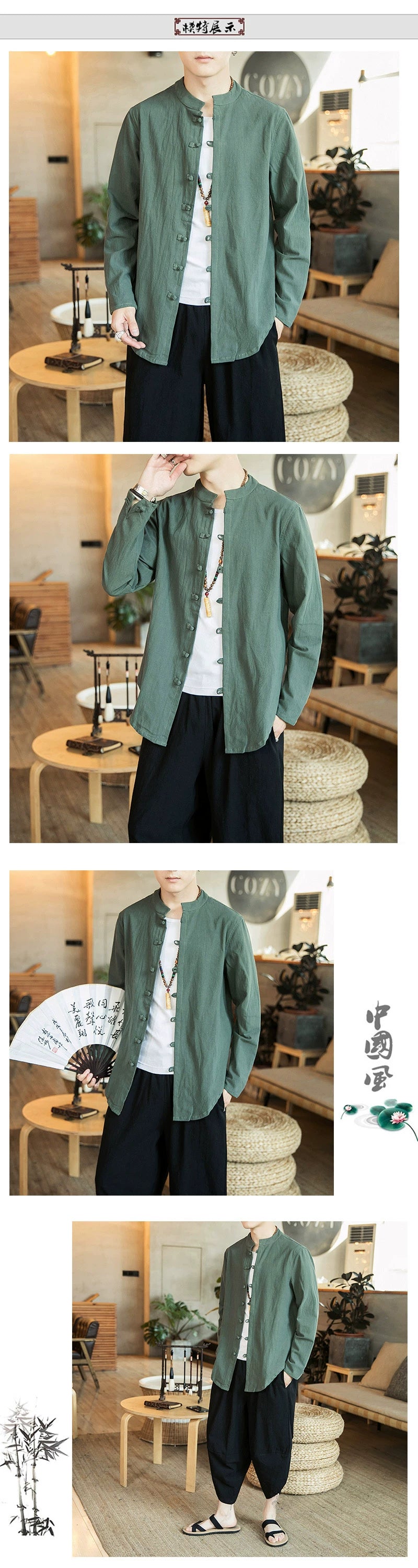 Linen Shirts For Men Chinese Style Long Sleeve Retro Buttoned Shirt Solid Color Stand-up Collar Loose Shirts Plus Size