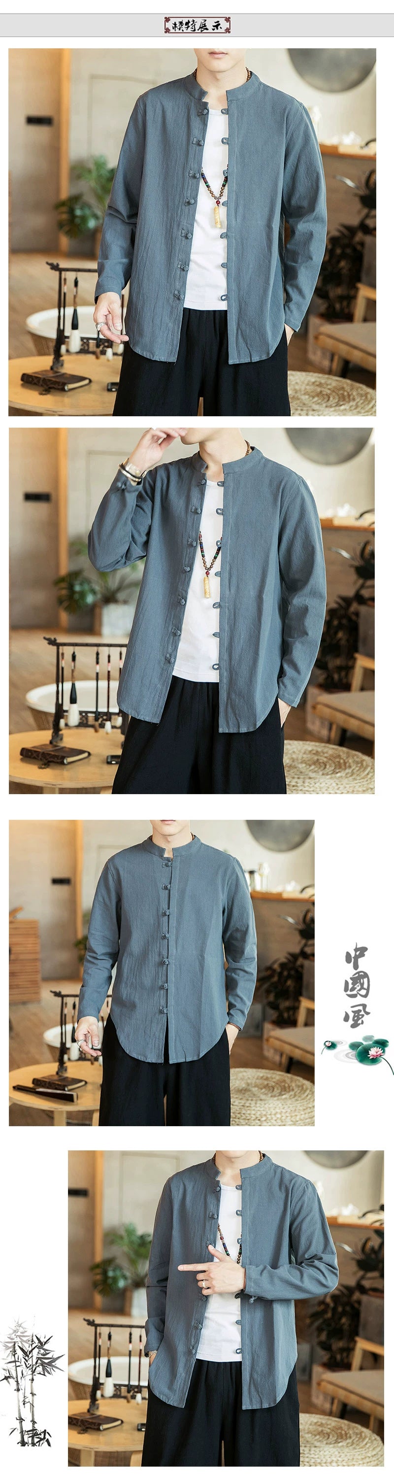 Linen Shirts For Men Chinese Style Long Sleeve Retro Buttoned Shirt Solid Color Stand-up Collar Loose Shirts Plus Size