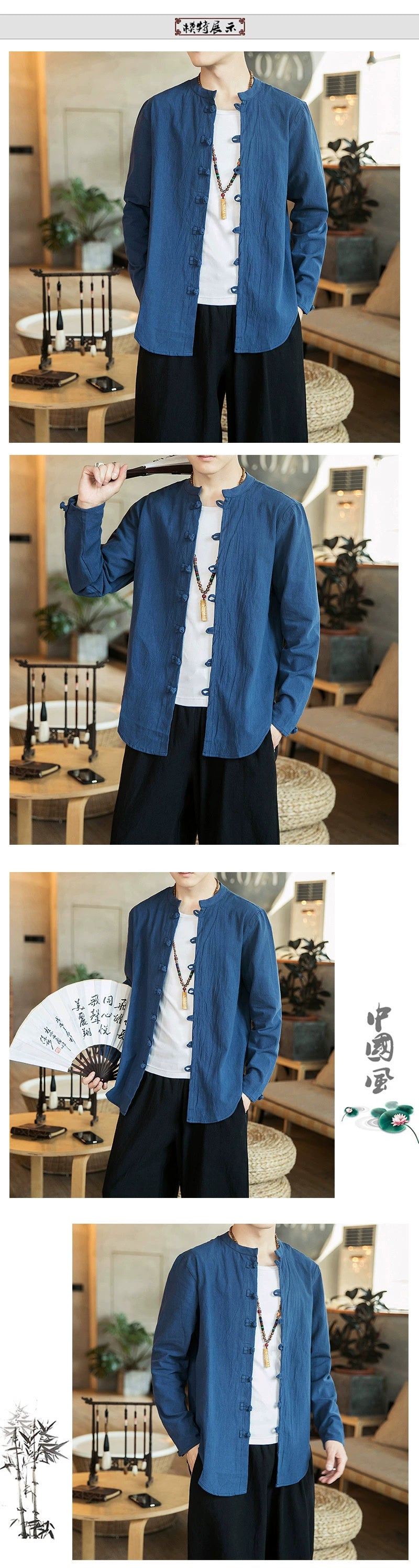 Linen Shirts For Men Chinese Style Long Sleeve Retro Buttoned Shirt Solid Color Stand-up Collar Loose Shirts Plus Size