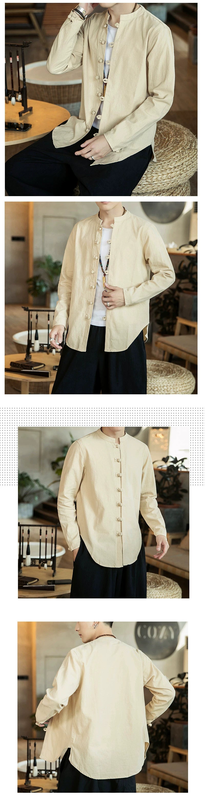 Linen Shirts For Men Chinese Style Long Sleeve Retro Buttoned Shirt Solid Color Stand-up Collar Loose Shirts Plus Size