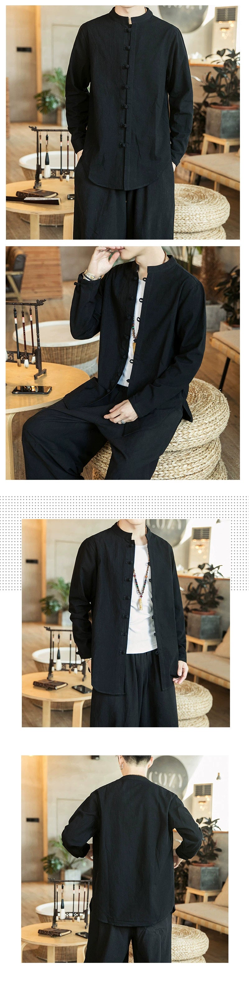 Linen Shirts For Men Chinese Style Long Sleeve Retro Buttoned Shirt Solid Color Stand-up Collar Loose Shirts Plus Size