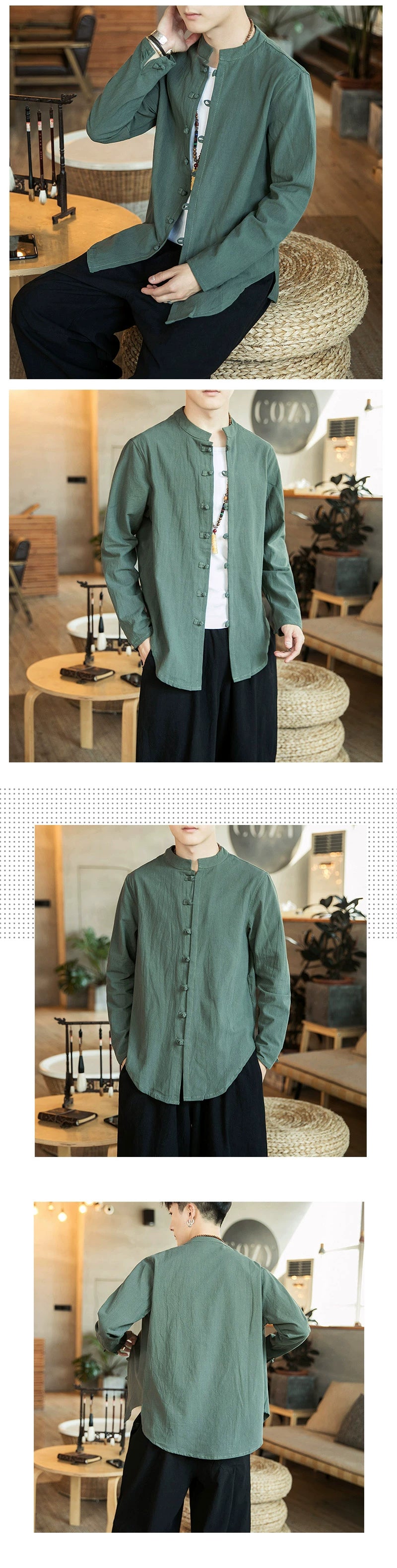 Linen Shirts For Men Chinese Style Long Sleeve Retro Buttoned Shirt Solid Color Stand-up Collar Loose Shirts Plus Size