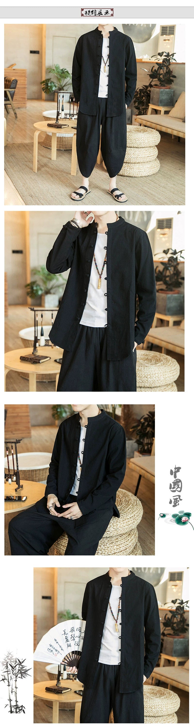 Linen Shirts For Men Chinese Style Long Sleeve Retro Buttoned Shirt Solid Color Stand-up Collar Loose Shirts Plus Size