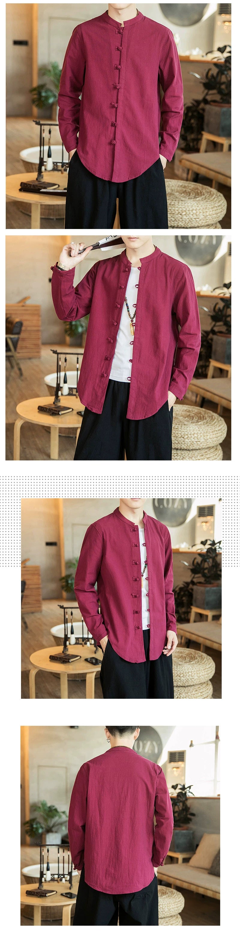 Linen Shirts For Men Chinese Style Long Sleeve Retro Buttoned Shirt Solid Color Stand-up Collar Loose Shirts Plus Size