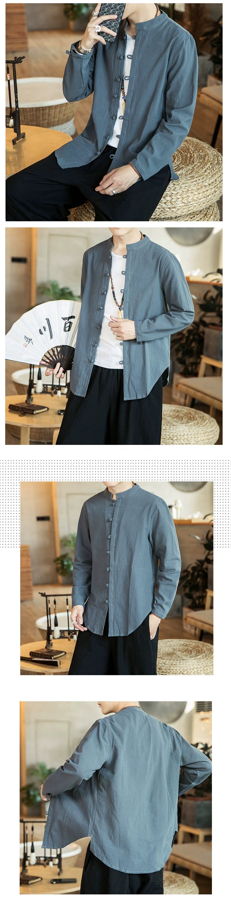 Linen Shirts For Men Chinese Style Long Sleeve Retro Buttoned Shirt Solid Color Stand-up Collar Loose Shirts Plus Size