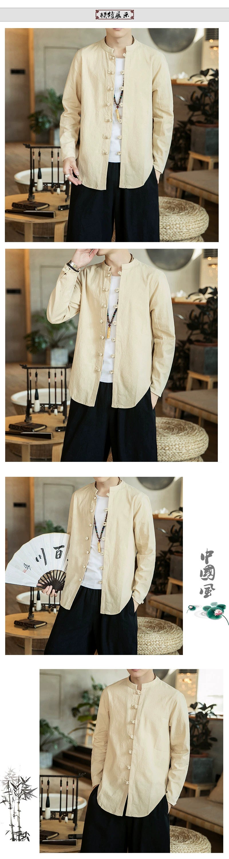 Linen Shirts For Men Chinese Style Long Sleeve Retro Buttoned Shirt Solid Color Stand-up Collar Loose Shirts Plus Size