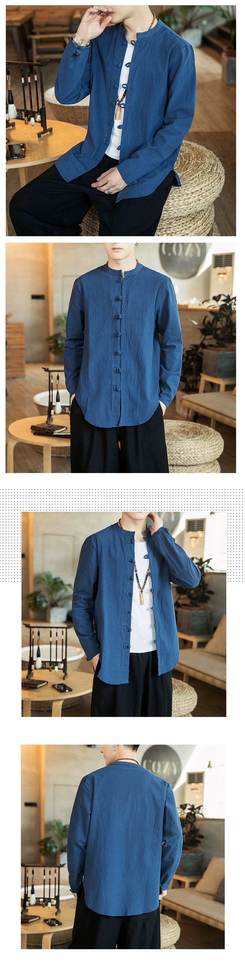 Linen Shirts For Men Chinese Style Long Sleeve Retro Buttoned Shirt Solid Color Stand-up Collar Loose Shirts Plus Size