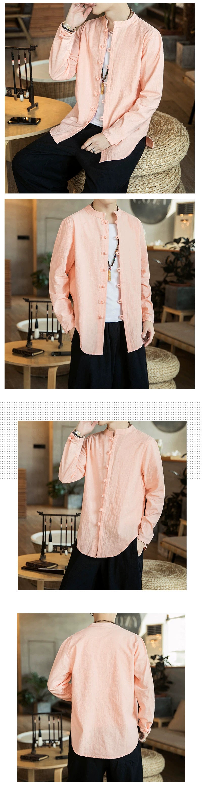 Linen Shirts For Men Chinese Style Long Sleeve Retro Buttoned Shirt Solid Color Stand-up Collar Loose Shirts Plus Size