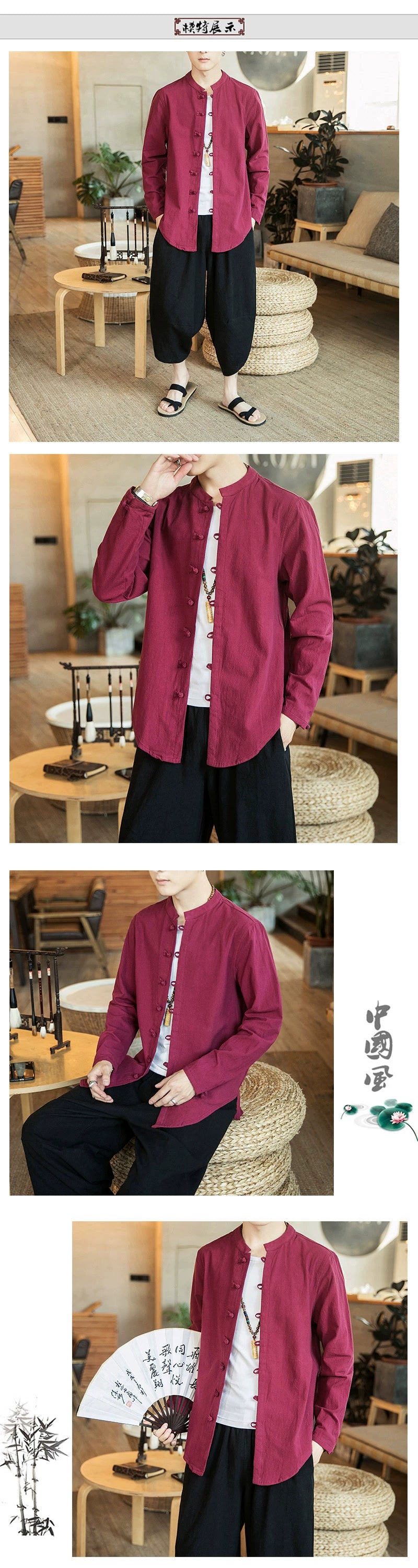 Linen Shirts For Men Chinese Style Long Sleeve Retro Buttoned Shirt Solid Color Stand-up Collar Loose Shirts Plus Size