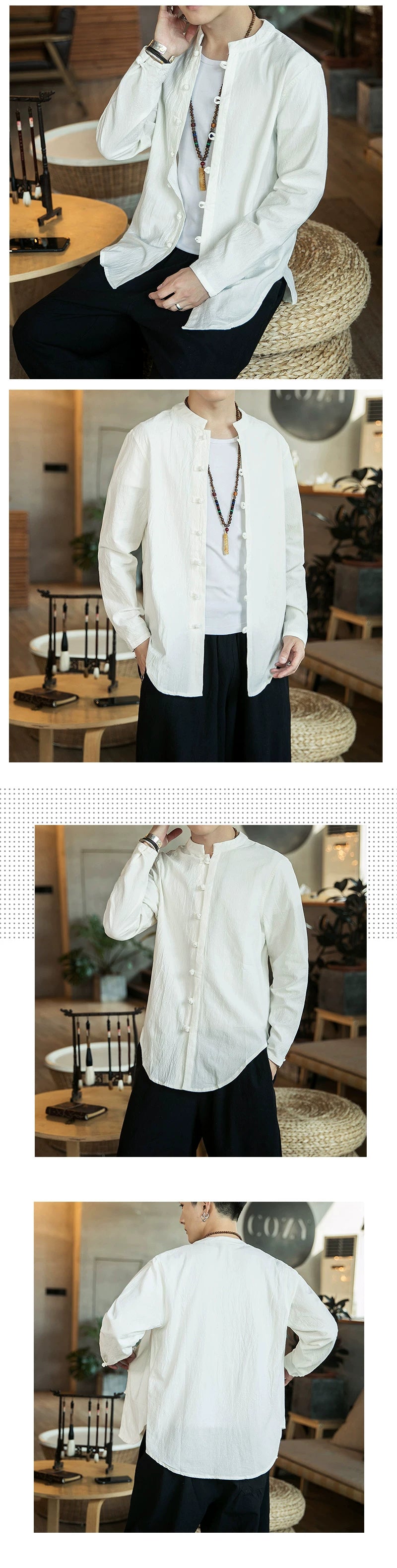 Linen Shirts For Men Chinese Style Long Sleeve Retro Buttoned Shirt Solid Color Stand-up Collar Loose Shirts Plus Size