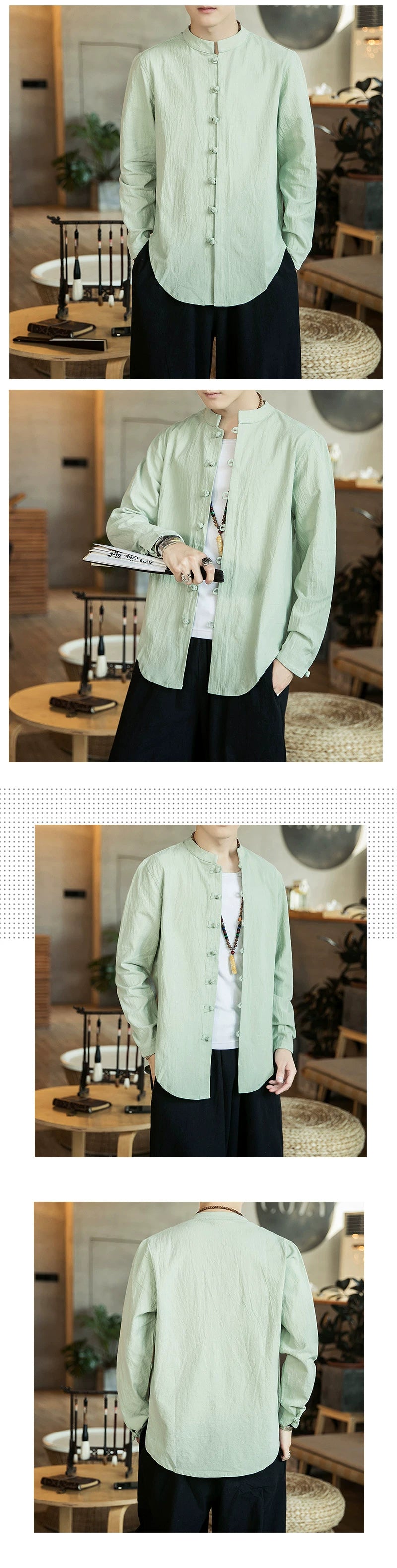 Linen Shirts For Men Chinese Style Long Sleeve Retro Buttoned Shirt Solid Color Stand-up Collar Loose Shirts Plus Size