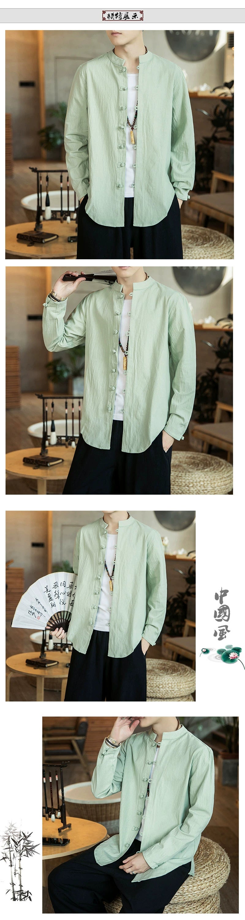 Linen Shirts For Men Chinese Style Long Sleeve Retro Buttoned Shirt Solid Color Stand-up Collar Loose Shirts Plus Size