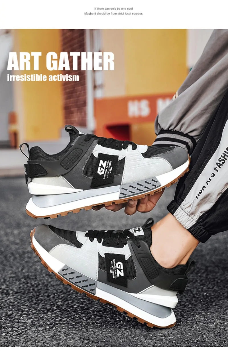 Chunky Sneakers Men Retro Running Shoes Fashion Casual Genuine Leather Fabric Breathable Height Increased Platform Shoes 2024New