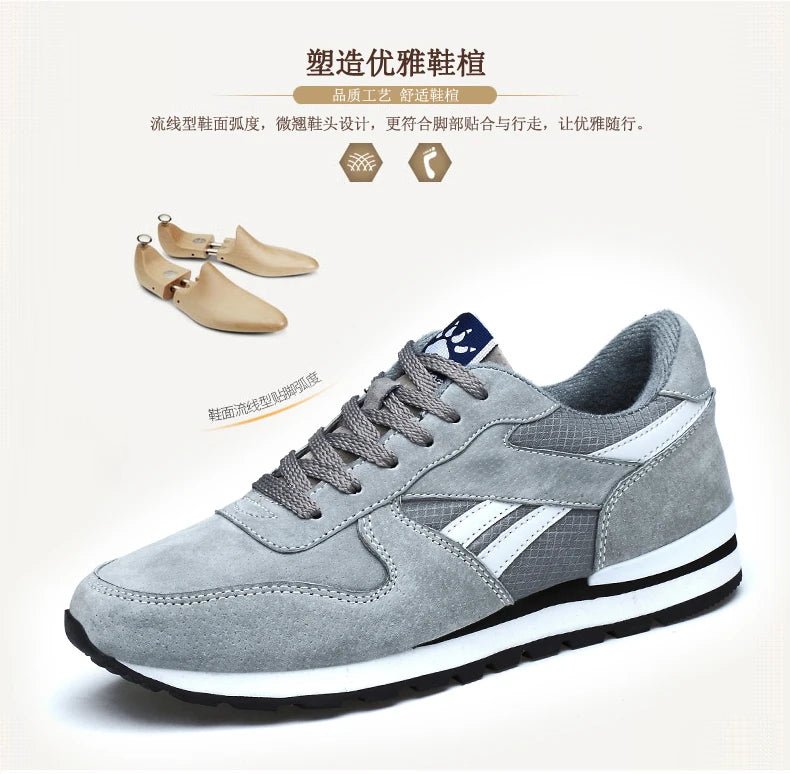 Autumn Men Sneakers Natural Pig Skin Material Male Trainers Outdoor Stylish Shoes Lace-up Flats Non-slip Rubber Sole Blue Grey