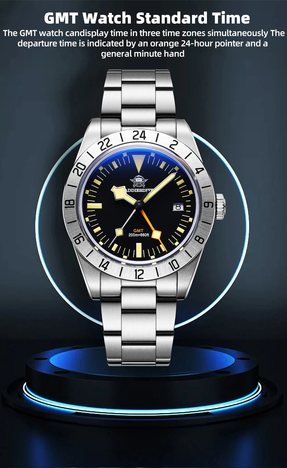 ADDIESDIVE GMT Watches Men's 39mm Diver Luminous Calendar Display Stainless Steel 20ATM Quartz Watches Reloj Hombre