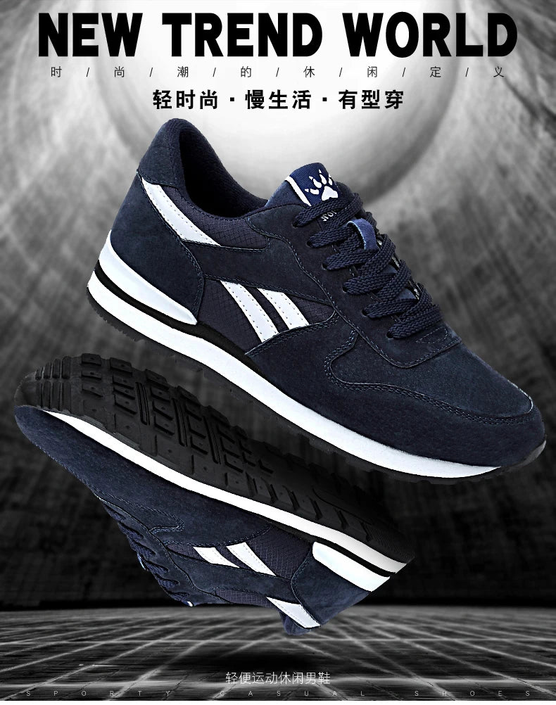 Autumn Men Sneakers Natural Pig Skin Material Male Trainers Outdoor Stylish Shoes Lace-up Flats Non-slip Rubber Sole Blue Grey