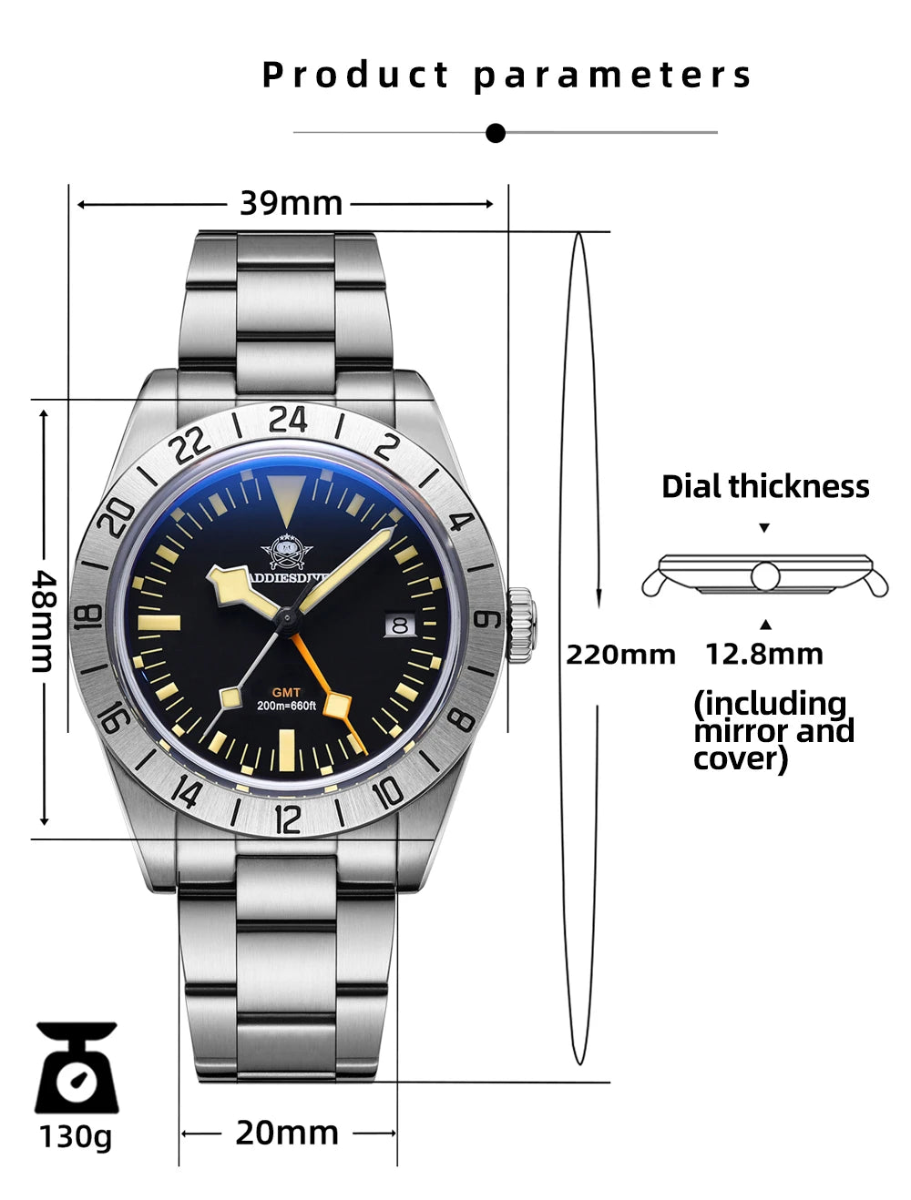 ADDIESDIVE GMT Watches Men's 39mm Diver Luminous Calendar Display Stainless Steel 20ATM Quartz Watches Reloj Hombre