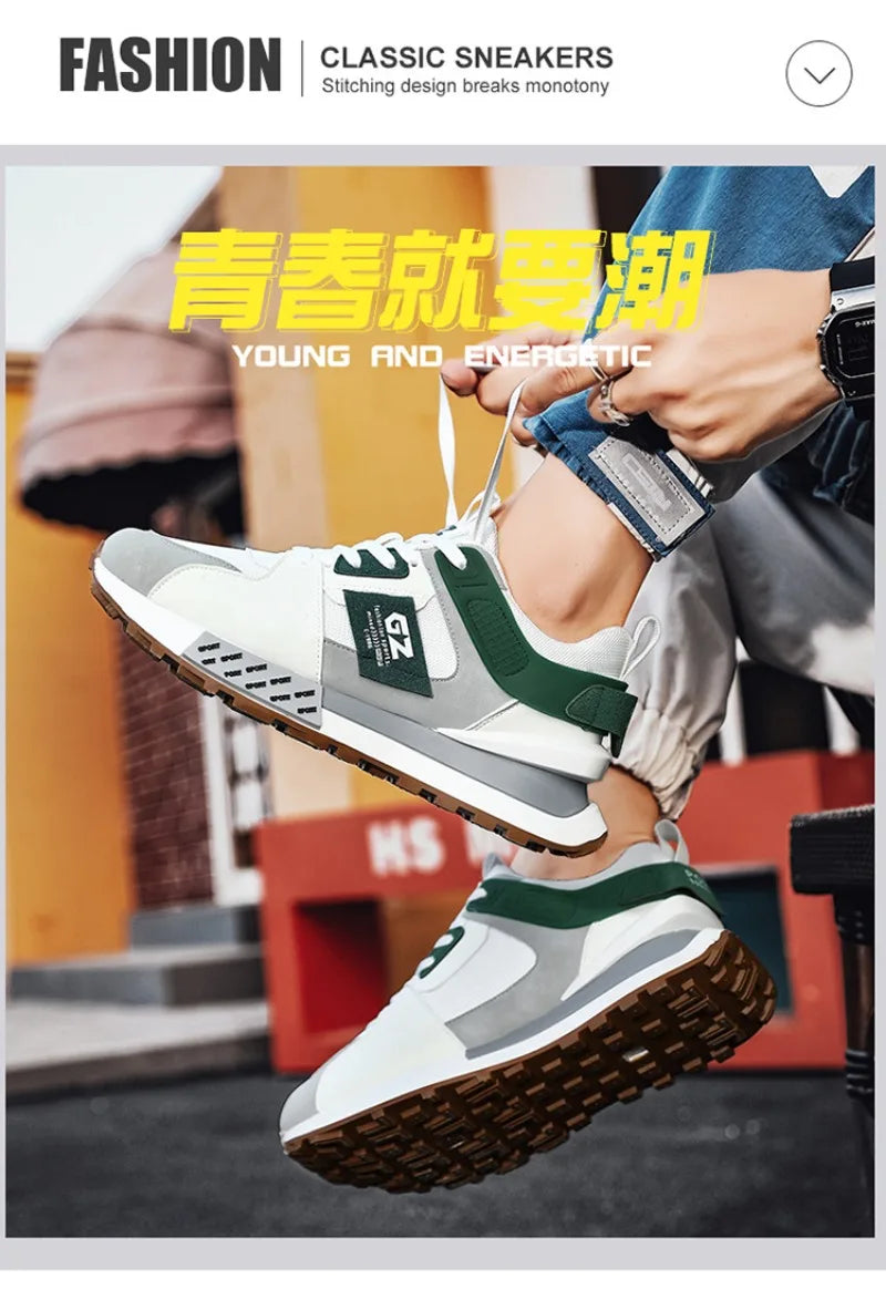 Chunky Sneakers Men Retro Running Shoes Fashion Casual Genuine Leather Fabric Breathable Height Increased Platform Shoes 2024New