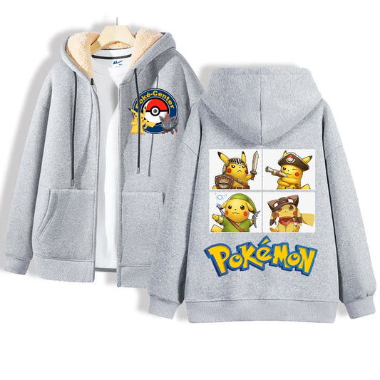 Pokemon Lamb Wool Coat for Men Women Pikachu Anime Cartoon Fashion Zipper Hooded Jacket Boys Girls Winter Warm Hip Hop Coats