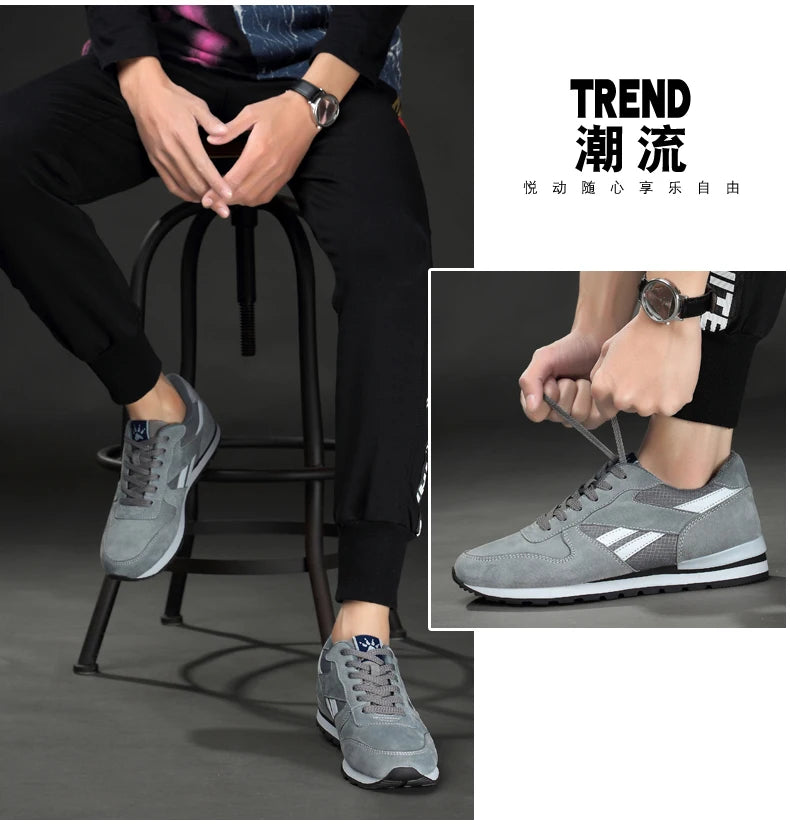 Autumn Men Sneakers Natural Pig Skin Material Male Trainers Outdoor Stylish Shoes Lace-up Flats Non-slip Rubber Sole Blue Grey