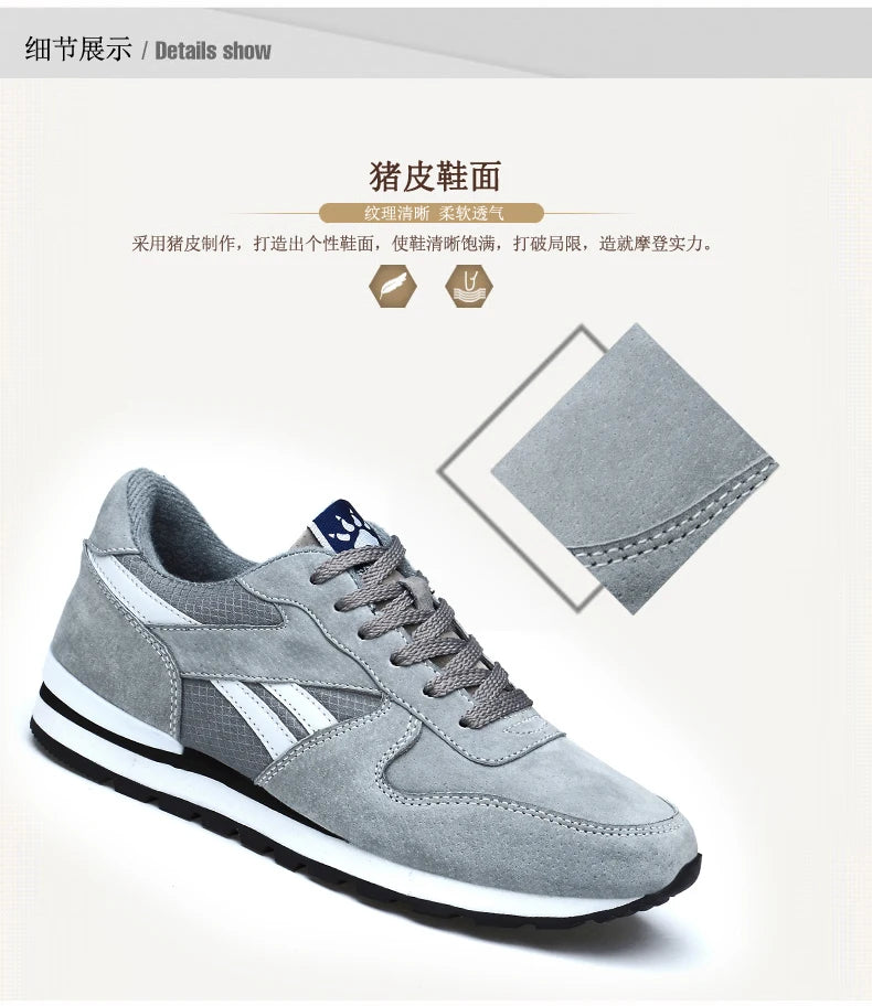 Autumn Men Sneakers Natural Pig Skin Material Male Trainers Outdoor Stylish Shoes Lace-up Flats Non-slip Rubber Sole Blue Grey