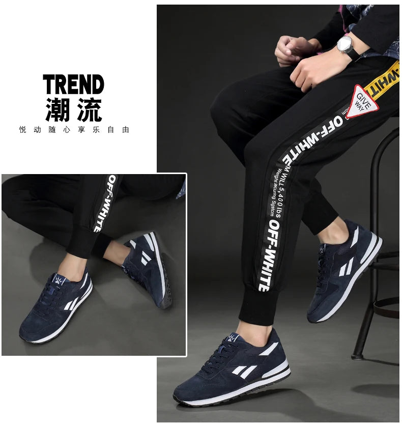 Autumn Men Sneakers Natural Pig Skin Material Male Trainers Outdoor Stylish Shoes Lace-up Flats Non-slip Rubber Sole Blue Grey