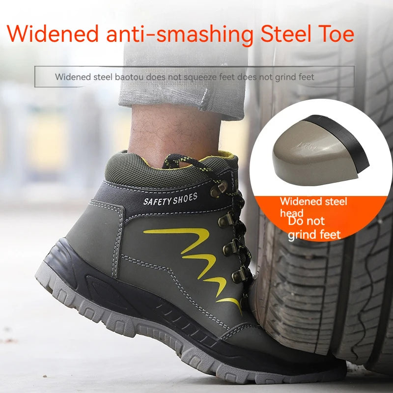 Construction Work Safety Boots Men High Top Steel Toe Safety Shoes Anti-smash Puncture Proof Shoes Non Slip Rubber Work Boots