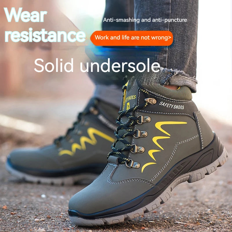 Construction Work Safety Boots Men High Top Steel Toe Safety Shoes Anti-smash Puncture Proof Shoes Non Slip Rubber Work Boots