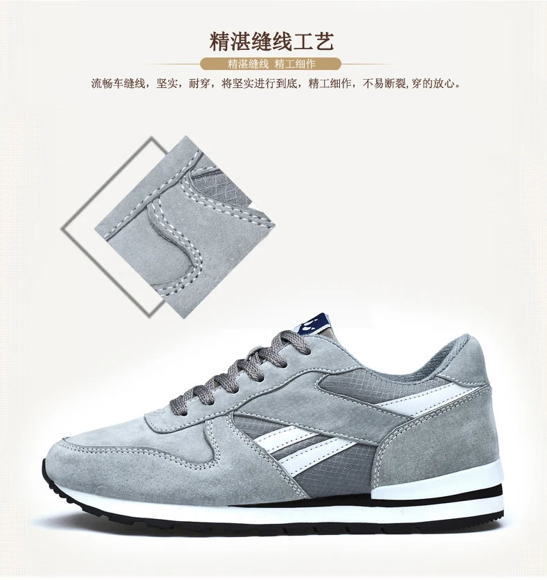 Autumn Men Sneakers Natural Pig Skin Material Male Trainers Outdoor Stylish Shoes Lace-up Flats Non-slip Rubber Sole Blue Grey