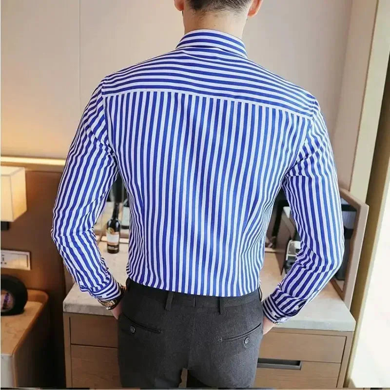 Men Striped Shirts Slim Fit Long Sleeves 2024 Spring summer thin Camisas De Hombre Korean Solid Casual Dress Shirts Men clothing