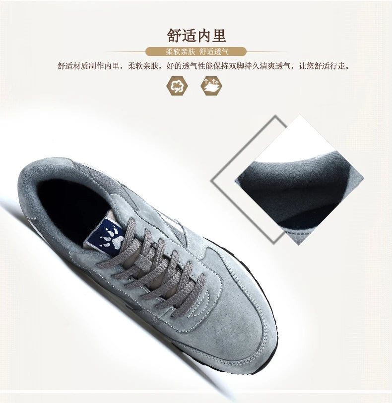 Autumn Men Sneakers Natural Pig Skin Material Male Trainers Outdoor Stylish Shoes Lace-up Flats Non-slip Rubber Sole Blue Grey